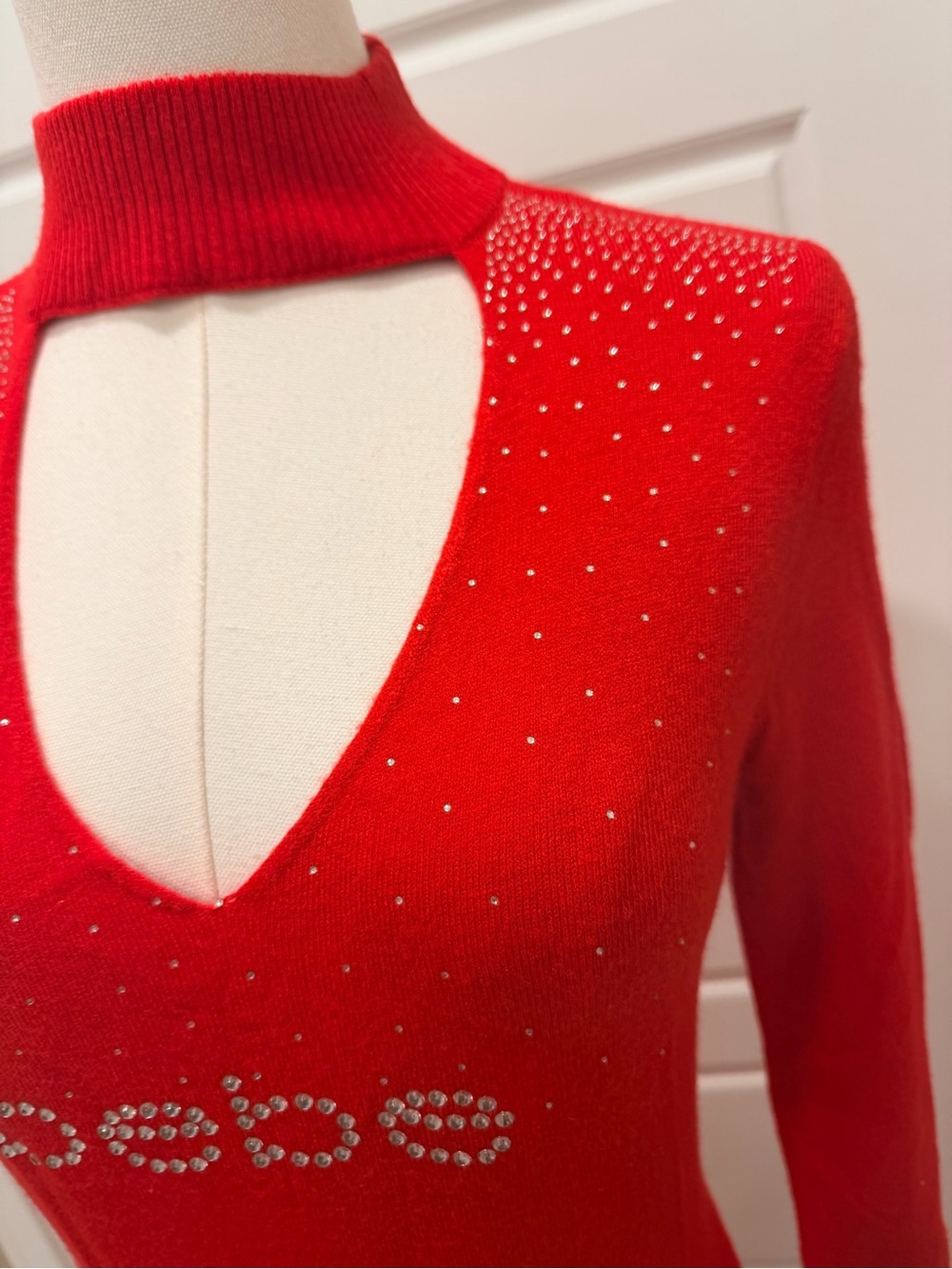 bebe Red Rhinestone Logo Cutout Long Sleeve Dress - Picture 6 of 6